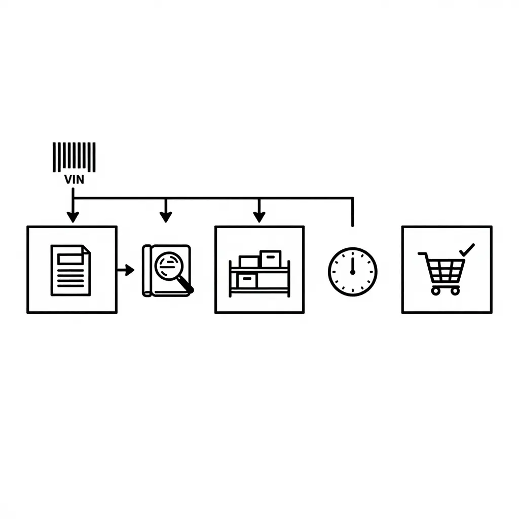 Minimal black-and-white two-dimensional flowchart showing the OEM truck part lookup and stock verification process flowing left to right through five simple connected boxes with arrows