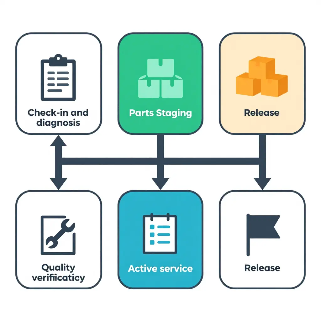 Linear 2D schematic showing the five-step service bay workflow: check-in and diagnosis, parts staging, active service, quality verification, and release, connected by directional arrows
