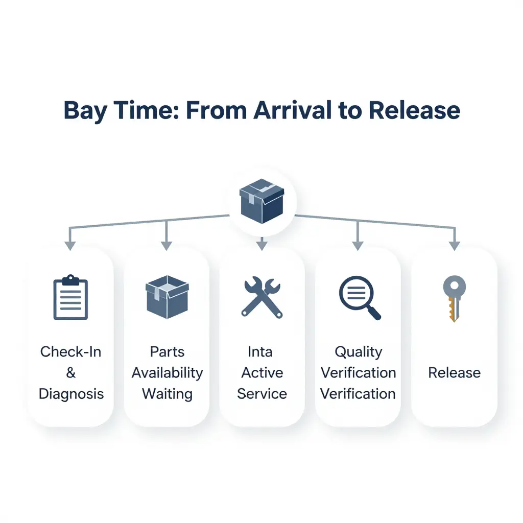 2D workflow diagram titled Bay Time: From Arrival to Release, showing five connected phases: Check-In and Diagnosis, Parts Availability Waiting, Active Service, Quality Verification, and Release