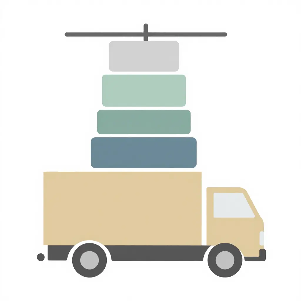 2D schematic diagram of a service truck in flat side-profile outline, with stacked blocks above the body representing curb weight, fuel, driver, and tool load, and a horizontal cap line representing the GVWR limit