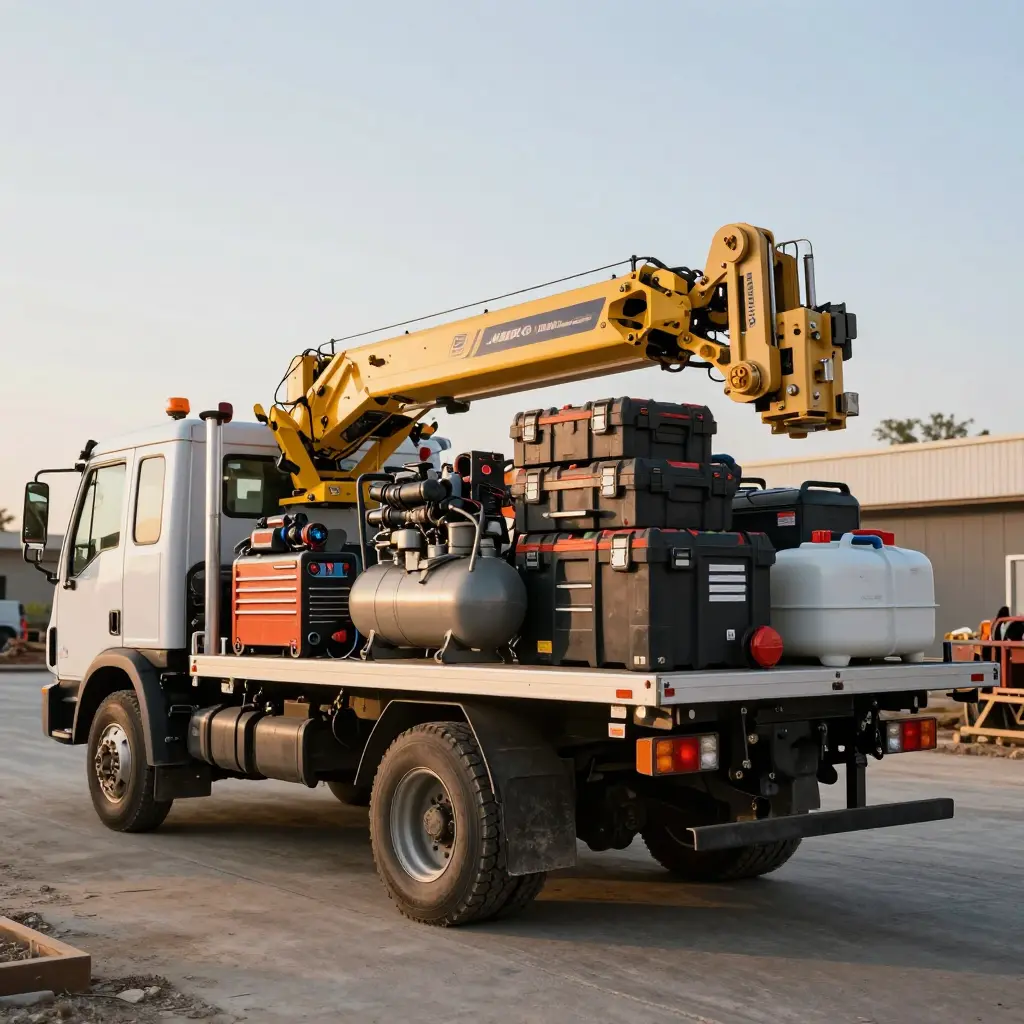A service truck utility bed loaded with a welder, air compressor, toolboxes, a small crane, and fuel and water tanks