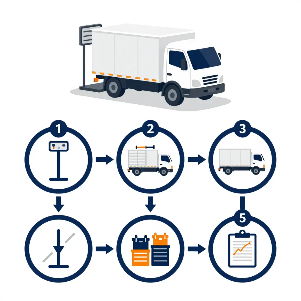Flat-design infographic showing the six-step service truck weighing process, from a certified CAT scale to tool redistribution and record-keeping.