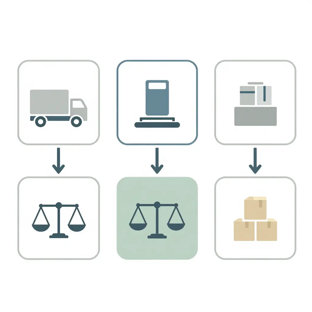 Two-dimensional flow diagram showing the steps of weighing a service truck at a certified scale: arriving at the scale, weighing the full truck, weighing per axle, comparing results to GVWR and GAWR, and adjusting the load.