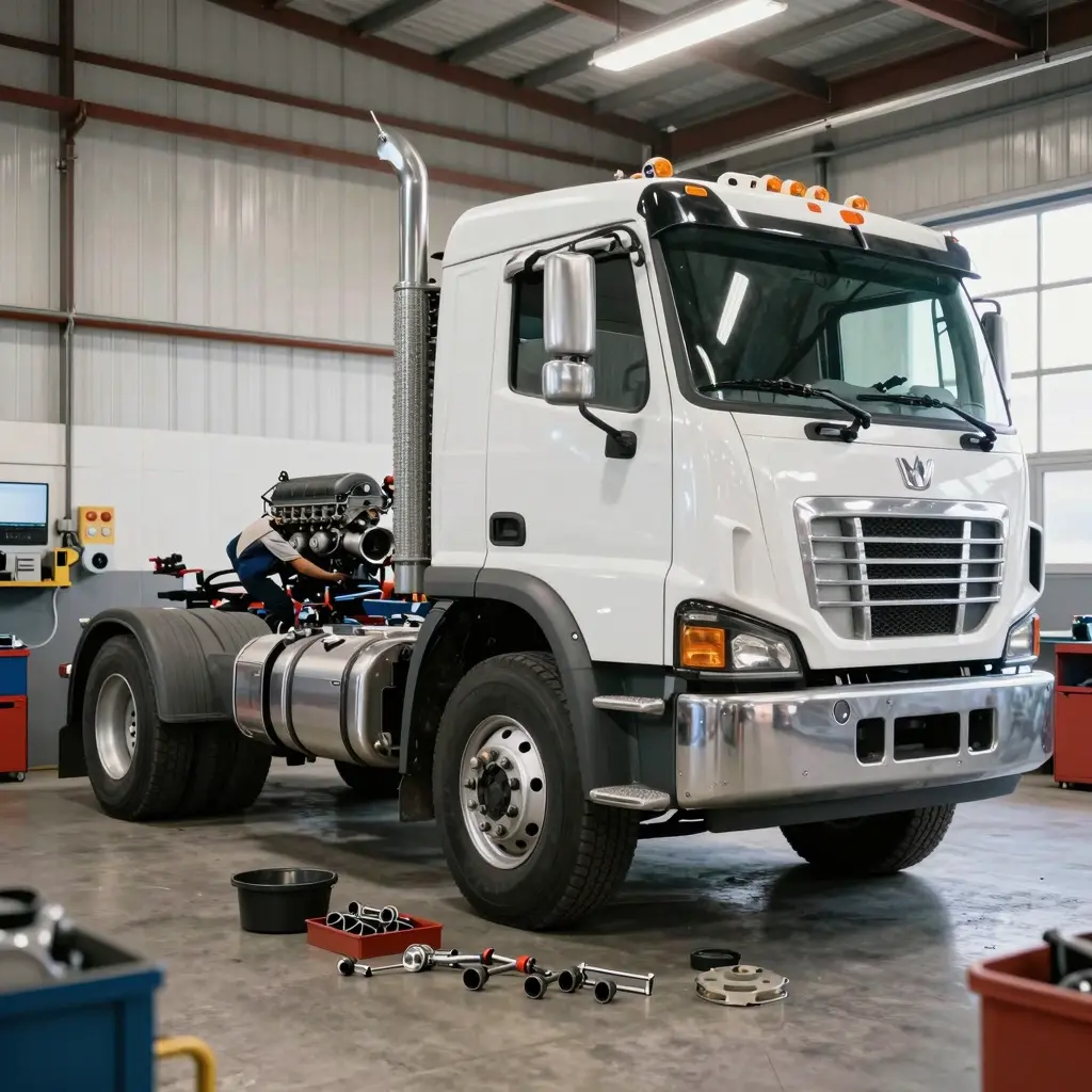 Mack truck being serviced in a workshop