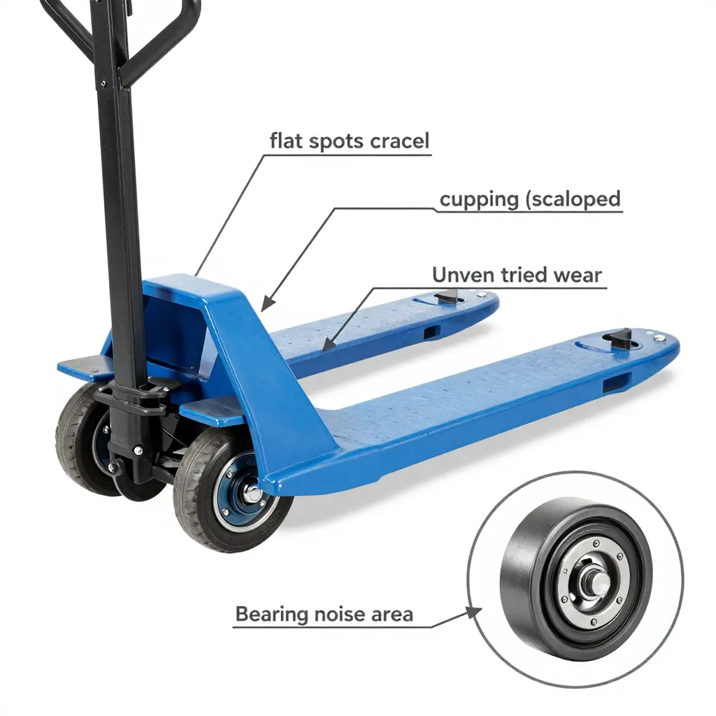 Technical diagram of pallet truck load wheel and steer wheel inspection points, showing flat spots, cracks, cupping, uneven tread, and bearing assembly