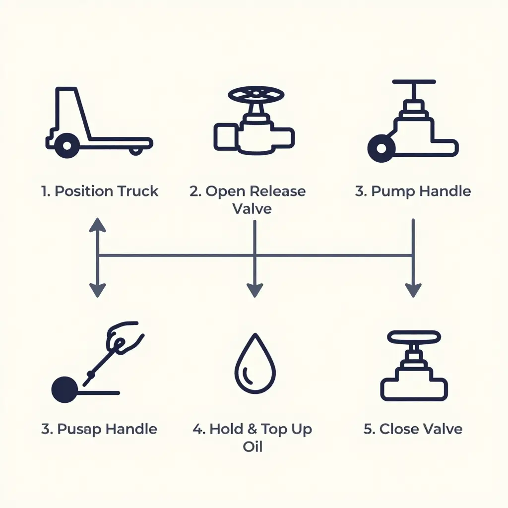 Pump bleeding flow diagram showing five steps: position truck, open release valve, pump handle, hold and top up oil, and close valve