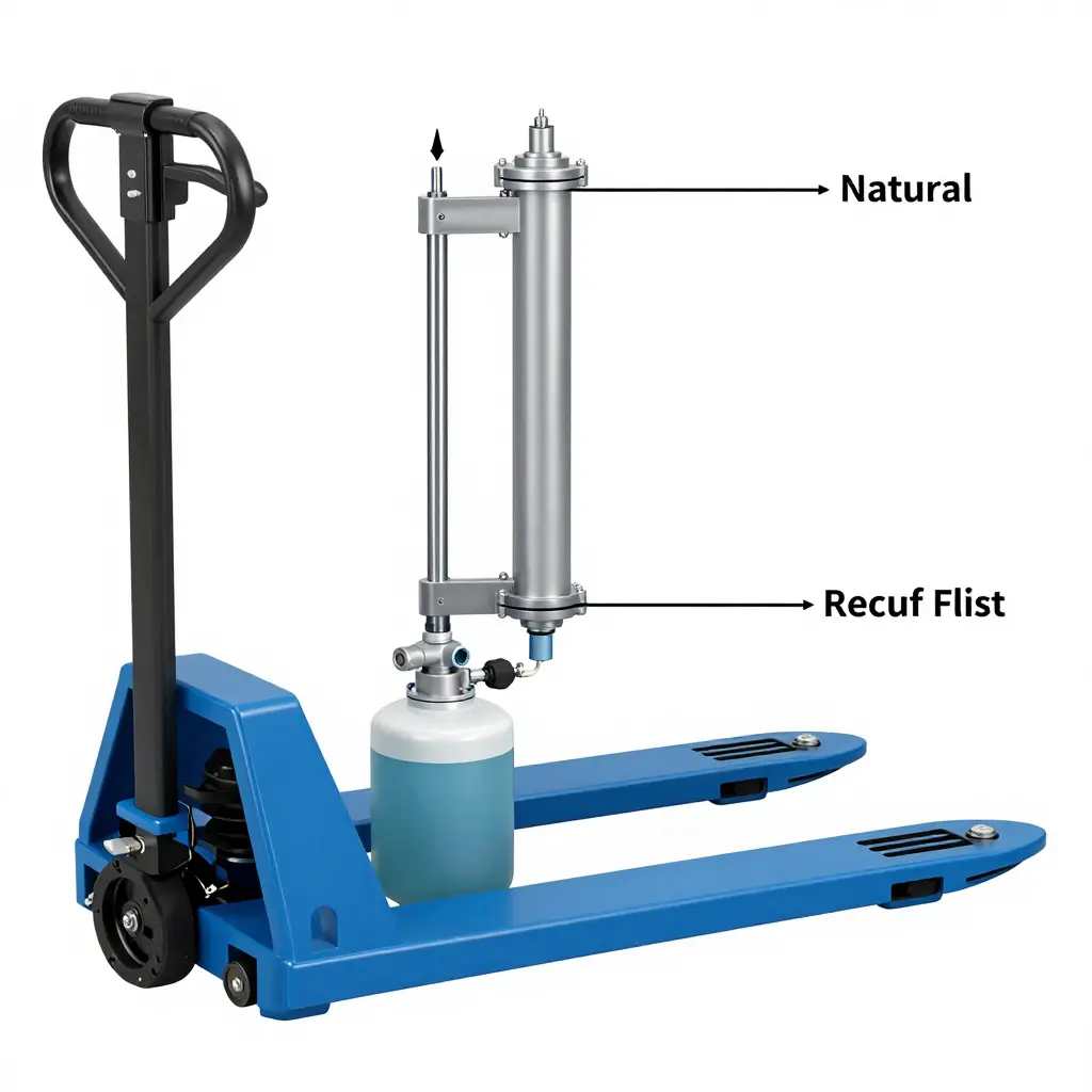Labeled cutaway diagram of a pallet truck hydraulic system showing the pump, cylinder, reservoir, and relief valve