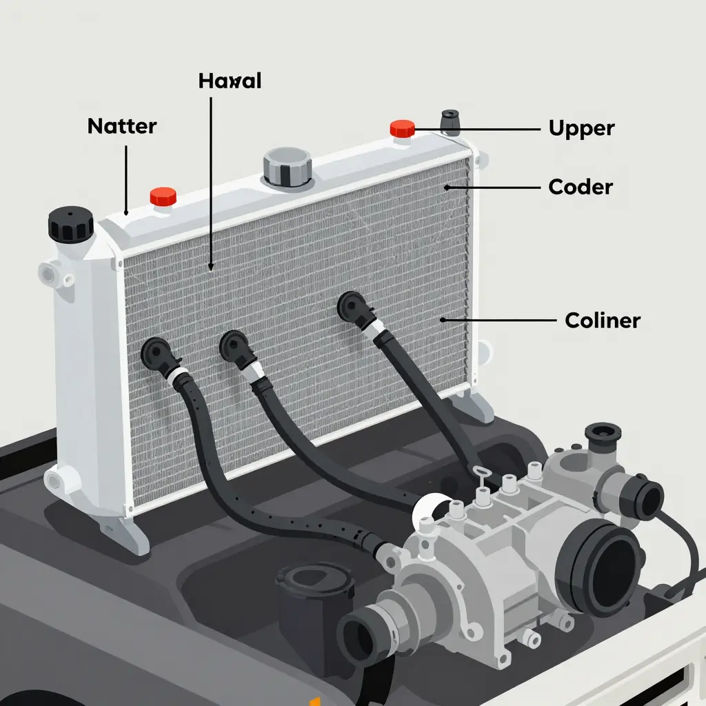 Labeled diagram of a truck cooling system showing the radiator, coolant reservoir with MIN and MAX lines, radiator cap, upper and lower hoses, thermostat, water pump, and coolant flow arrows.