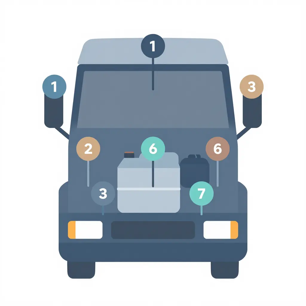 Schematic 2D top-down diagram of a generic truck engine bay showing six numbered callout dots marking the engine oil dipstick, coolant reservoir, brake fluid reservoir, power steering reservoir, transmission dipstick, and washer fluid locations