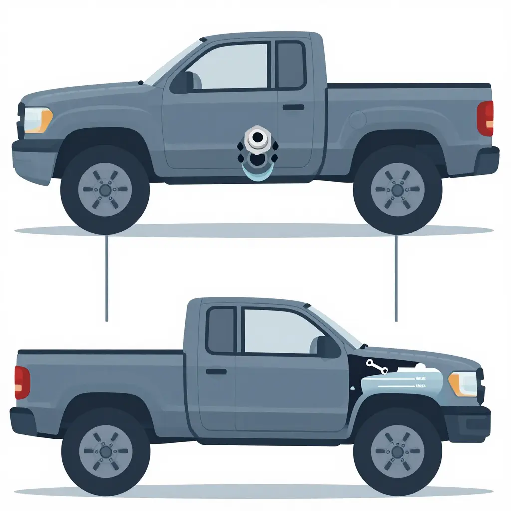 Cutaway diagram of a truck showing the front and rear differential fill plugs and the power steering fluid reservoir with MIN and MAX marks