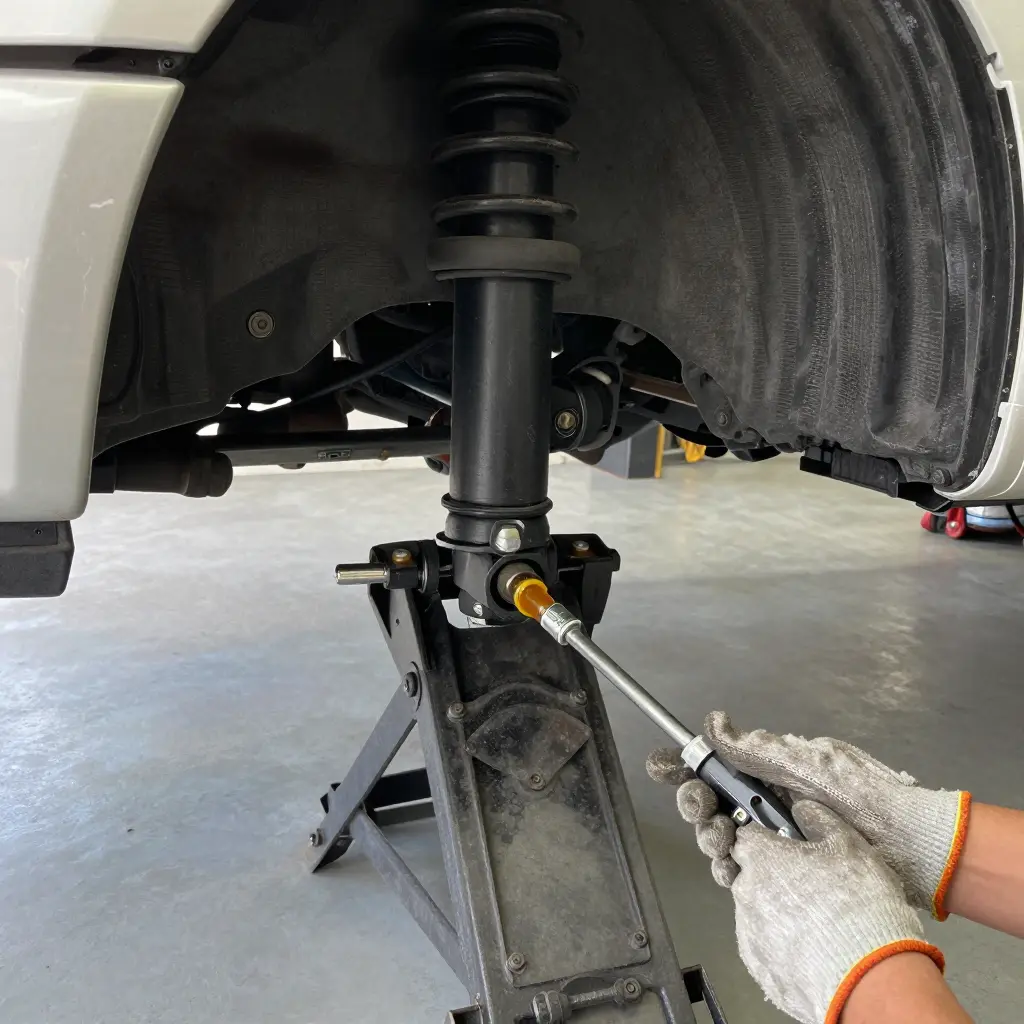 A hand attaching a grease gun to a Zerk fitting on a truck's tie rod end