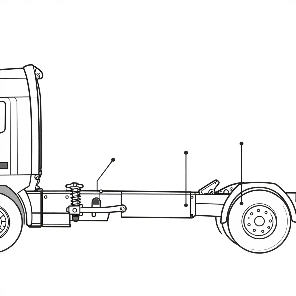 Schematic line-art diagram of a truck chassis underside showing callout dots marking grease fitting locations at tie rod ends, ball joints, idler arm, pitman arm, driveshaft U-joints, and suspension pivot points.