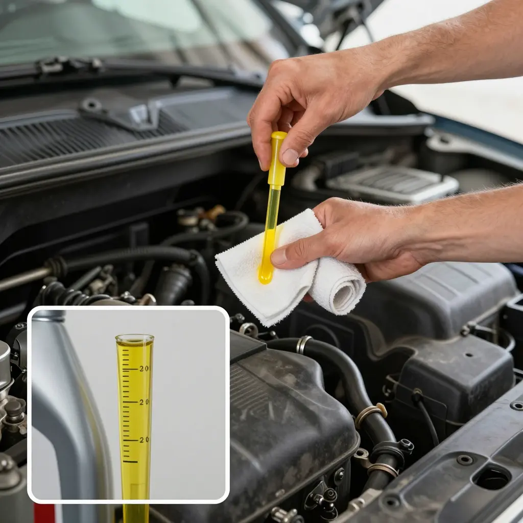 DIY truck owner wiping and reading the engine oil dipstick to check the oil level