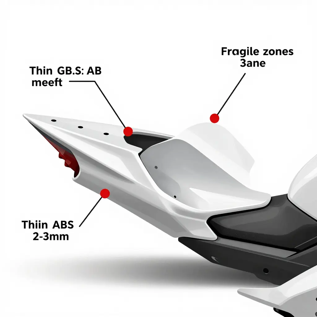 A side fairing panel with callouts marking thin plastic, painted gloss, small mounting tabs, and irregular curves