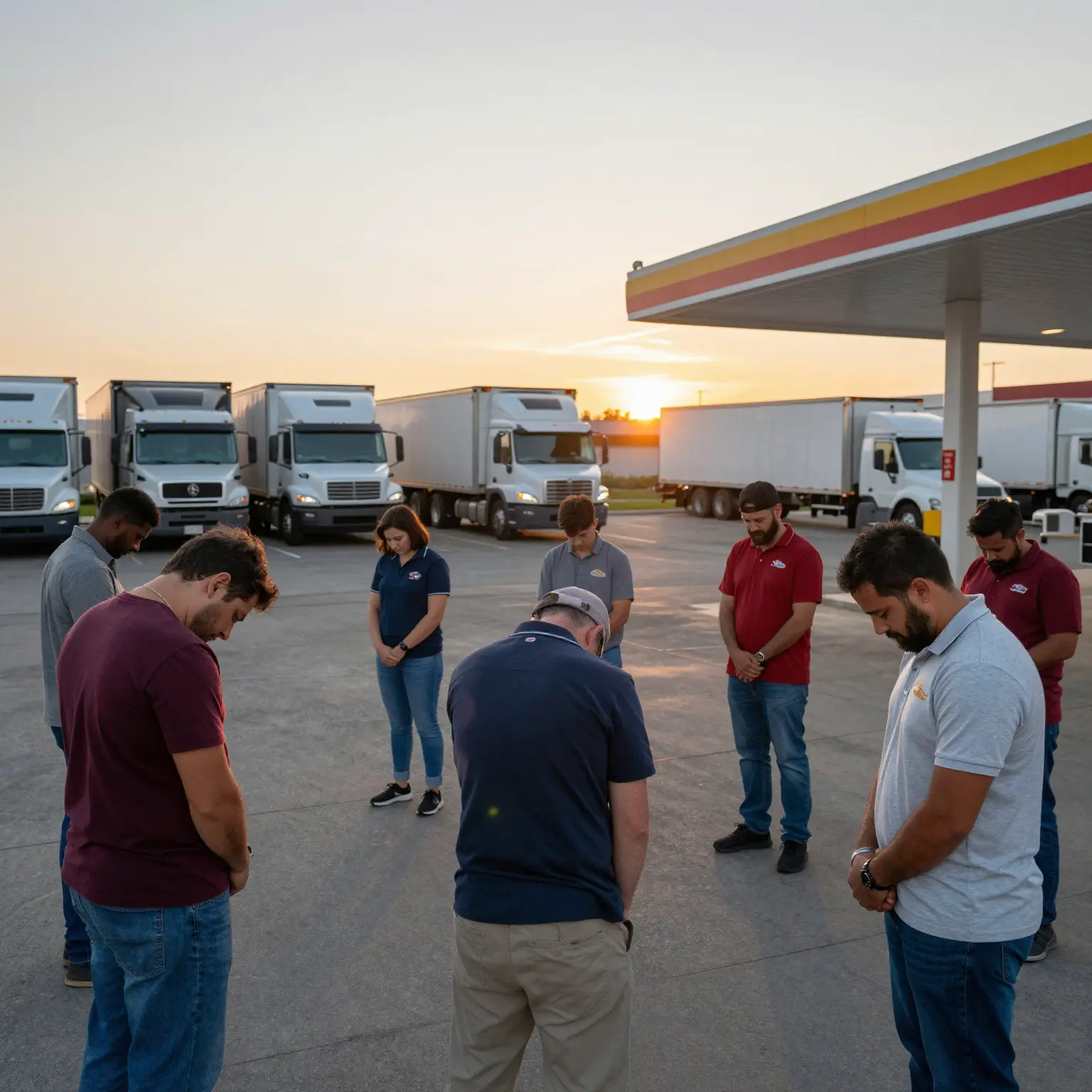 Truck drivers in corporate prayer before their shift