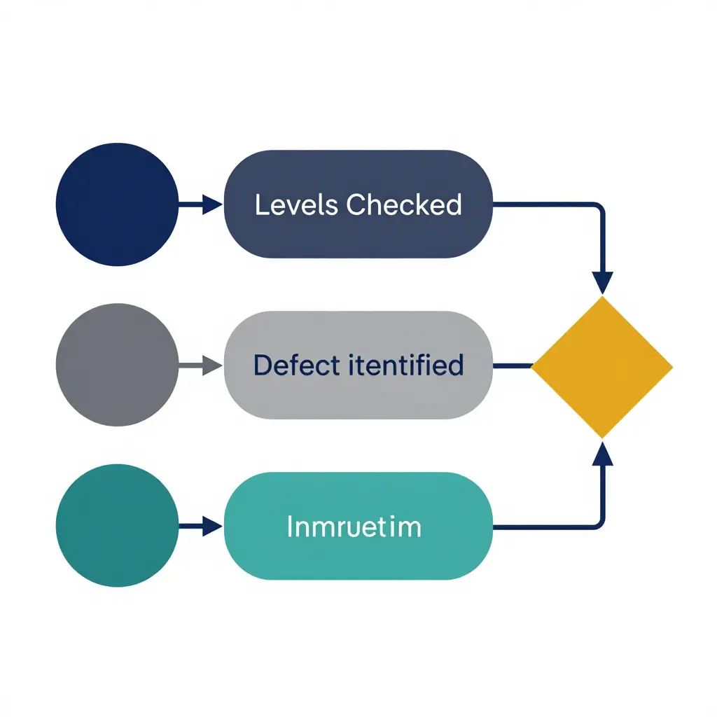 Minimal 2D flat illustration showing a roadside inspection process as a sequence of geometric stages connected by arrows: inspection begins, levels checked, defect identified, and a decision point branching forward or back