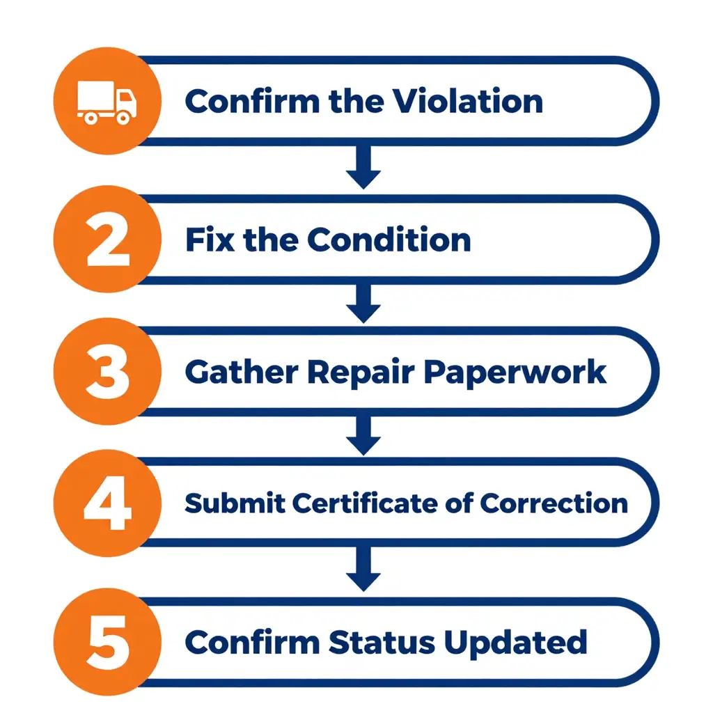 Five-step process flow: confirm the violation, fix the condition, gather repair paperwork, submit the certificate of correction, and confirm the status is updated.