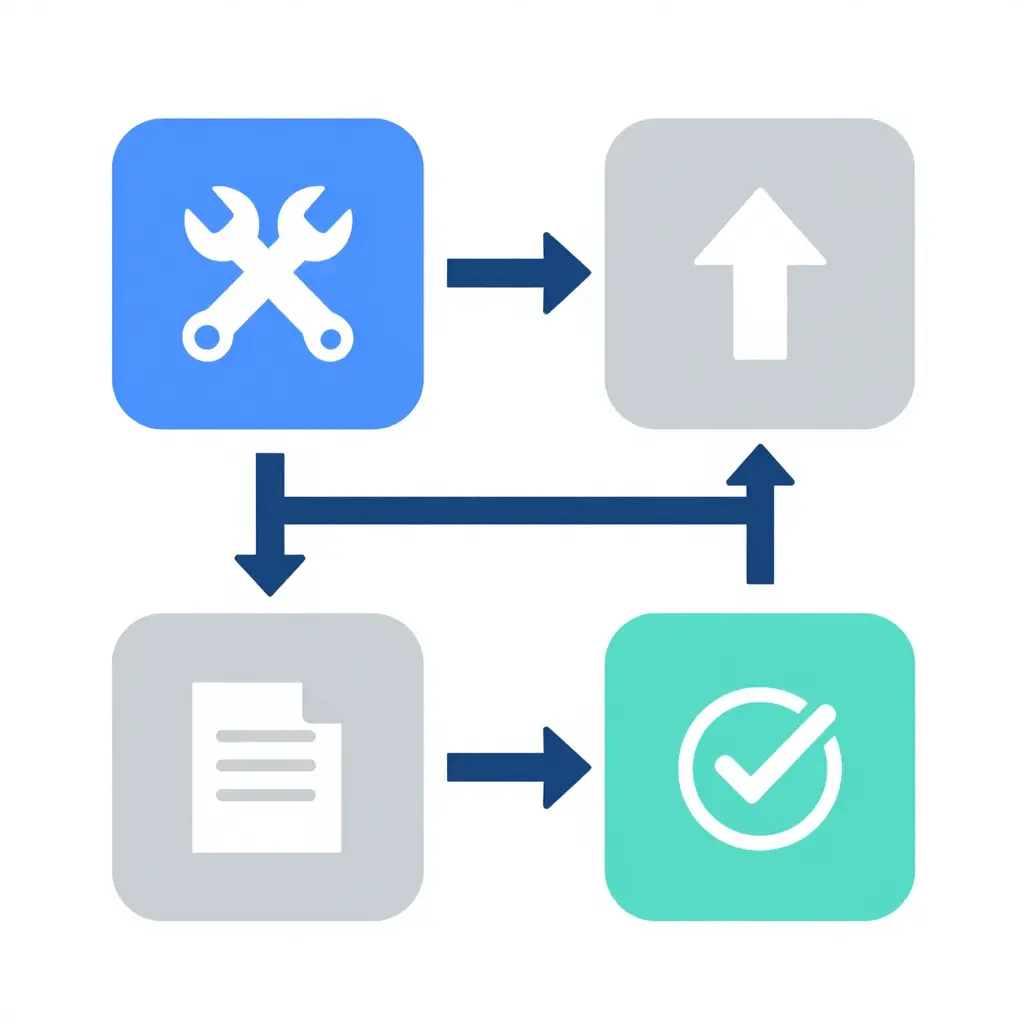 Four-step out-of-service clearance workflow shown as connected shapes with directional arrows