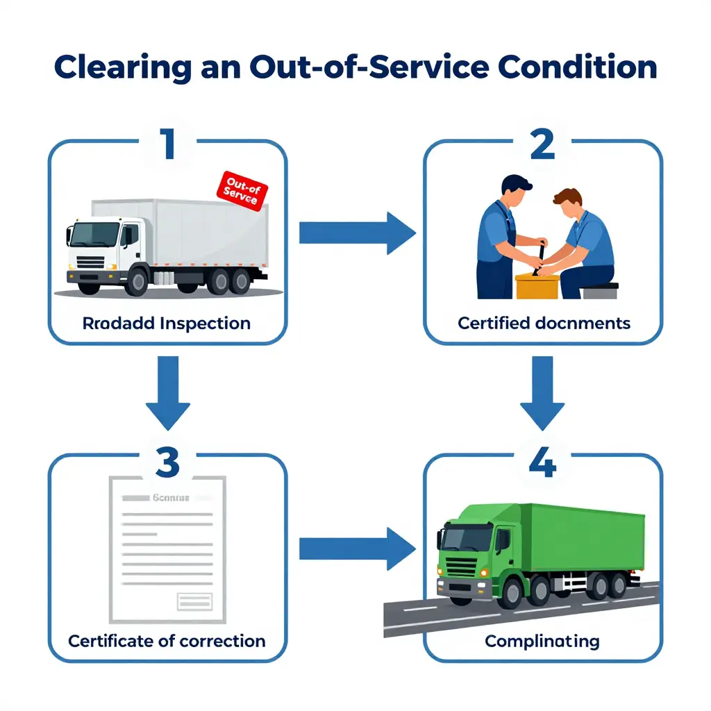 Flowchart showing the four steps to clear an out-of-service condition: roadside inspection, repair by a certified mechanic, signed certificate of correction and repair invoice, and a compliant truck back on the road