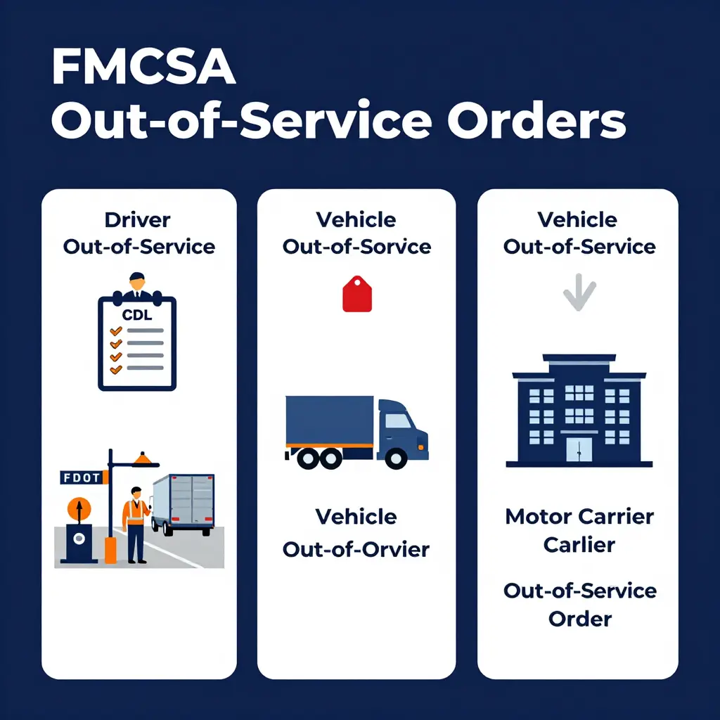 Diagram distinguishing driver, vehicle, and motor carrier out-of-service conditions issued during a DOT inspection