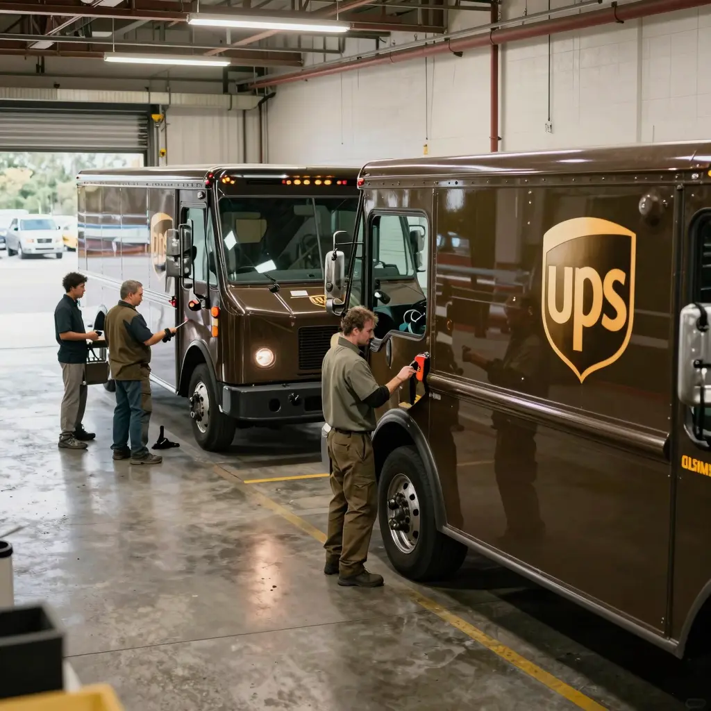 UPS trucks being serviced in a service bay