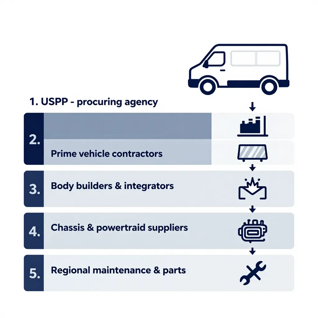 Layered diagram of the USPS postal vehicle supply chain, from the procuring agency through prime contractors, body builders, chassis suppliers, and regional maintenance