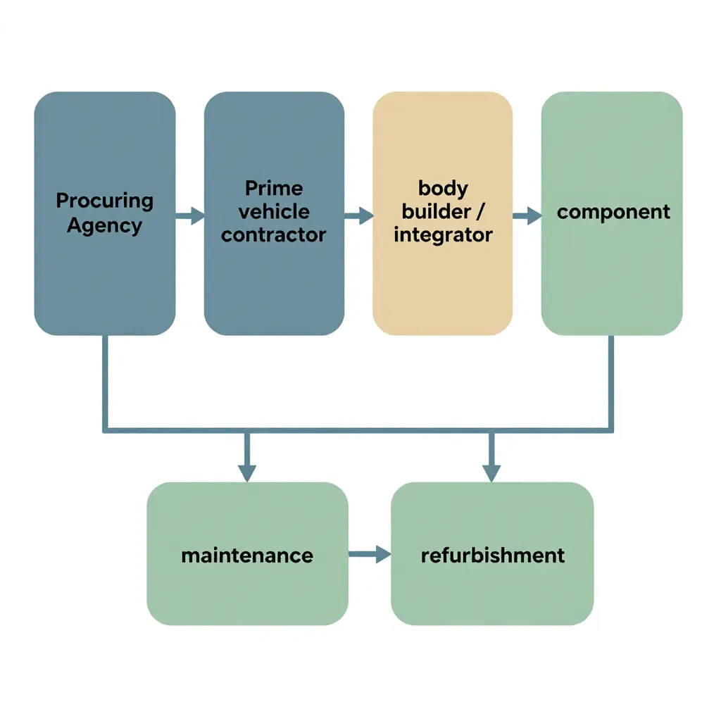 Minimalist flat 2D schematic diagram showing the postal vehicle contracting chain as four connected blocks with arrows, plus a parallel branch for maintenance and refurbishment contractors