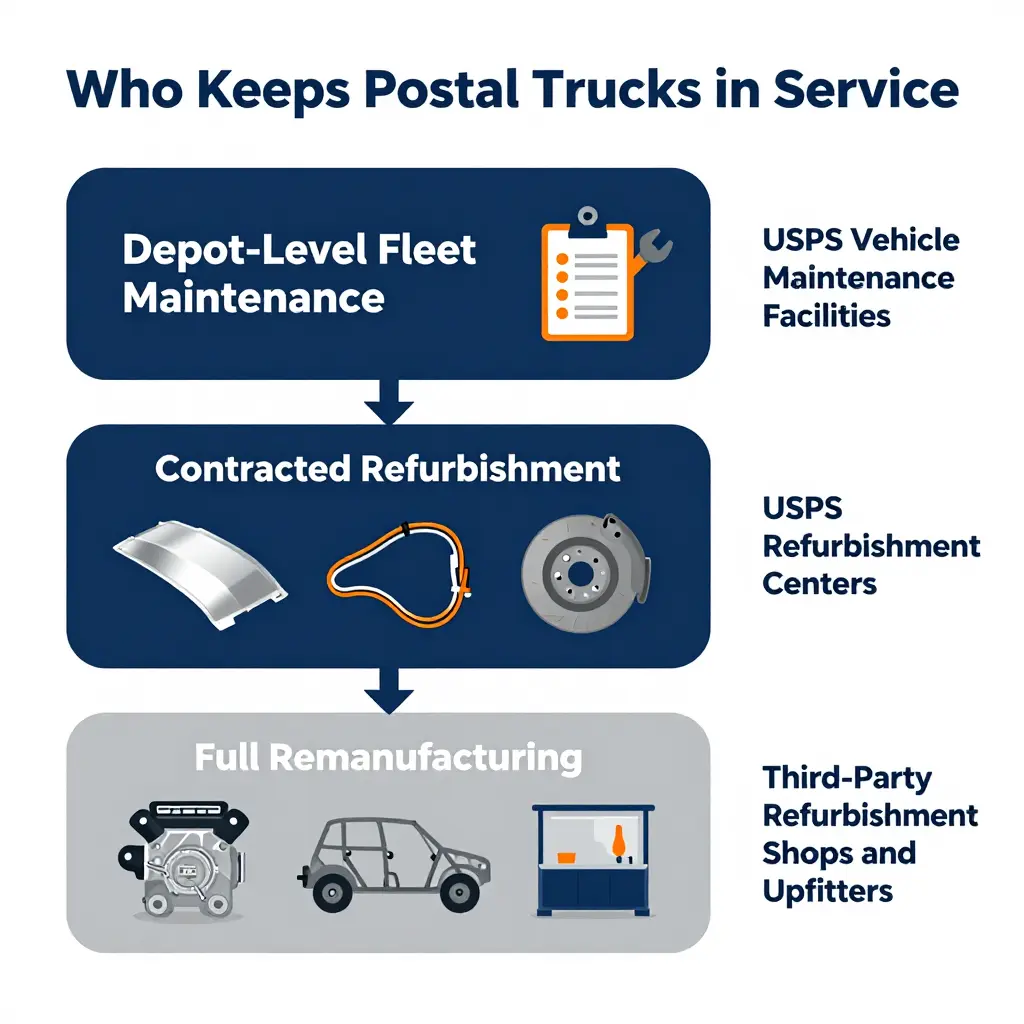 Infographic showing the three tiers of postal truck upkeep: depot-level fleet maintenance, contracted refurbishment, and full remanufacturing, with the organizations that perform each type of work