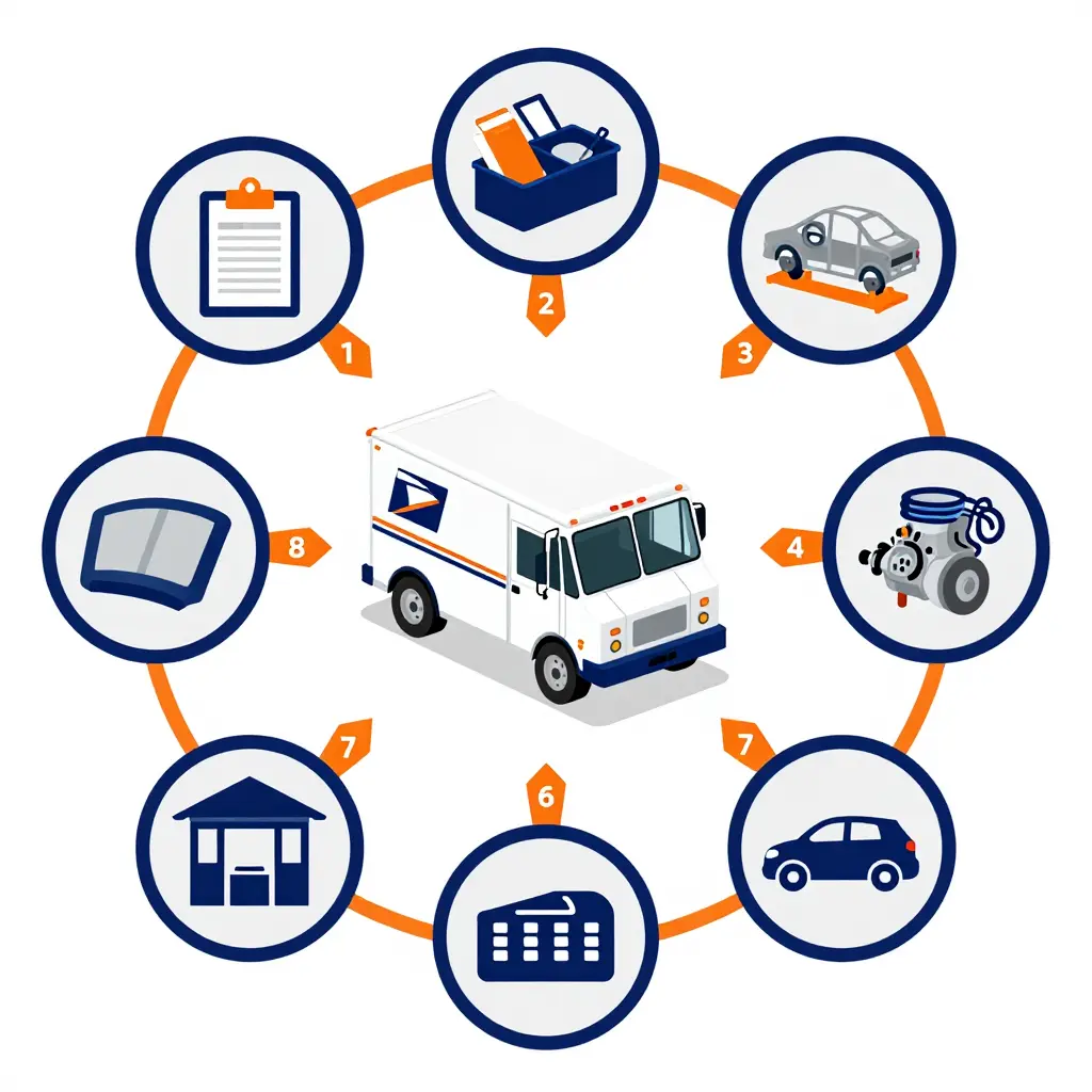 Postal truck refurbishment workflow diagram showing nine stages from intake inspection to final road test