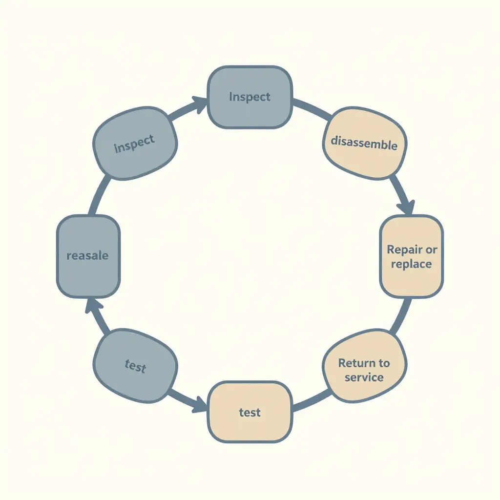 Minimalist flat 2D closed-loop diagram showing six connected stages - inspect, disassemble, repair or replace, reassemble, test, and return to service - with a feedback arrow looping from testing back to inspection