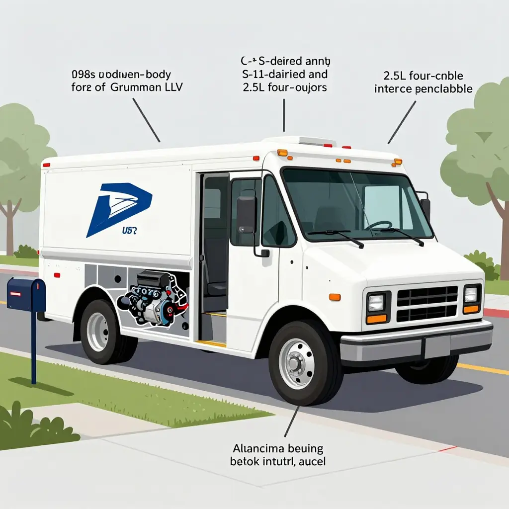 Technical illustration of a Grumman LLV postal delivery truck showing right-hand drive, sliding door, low step-in height, aluminum body and GM S-10-derived chassis