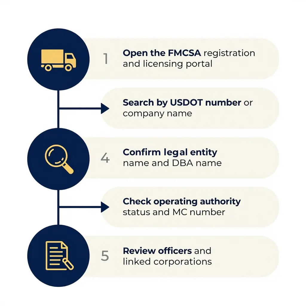 Step-by-step diagram showing how to trace trucking company ownership through FMCSA registration and DOT records