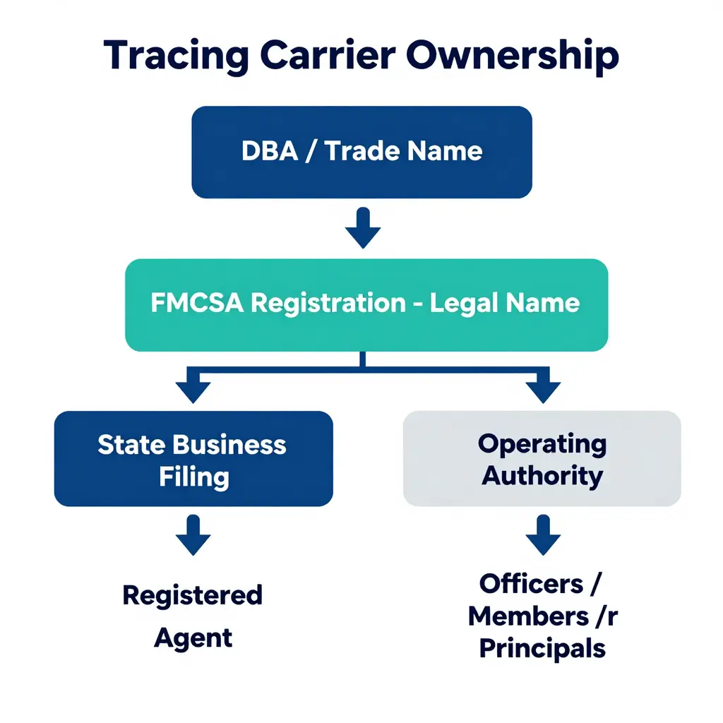 Flowchart tracing carrier ownership from a DBA name through DOT and FMCSA registration to the legal entity and its principals