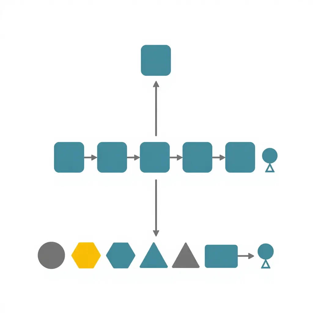Minimalist flat 2D diagram showing a single catalog block splitting into two parallel order-to-delivery paths: a short, wide repeated flow for crash repair shops and a longer, narrow varied flow for custom builders, both ending at one delivery point