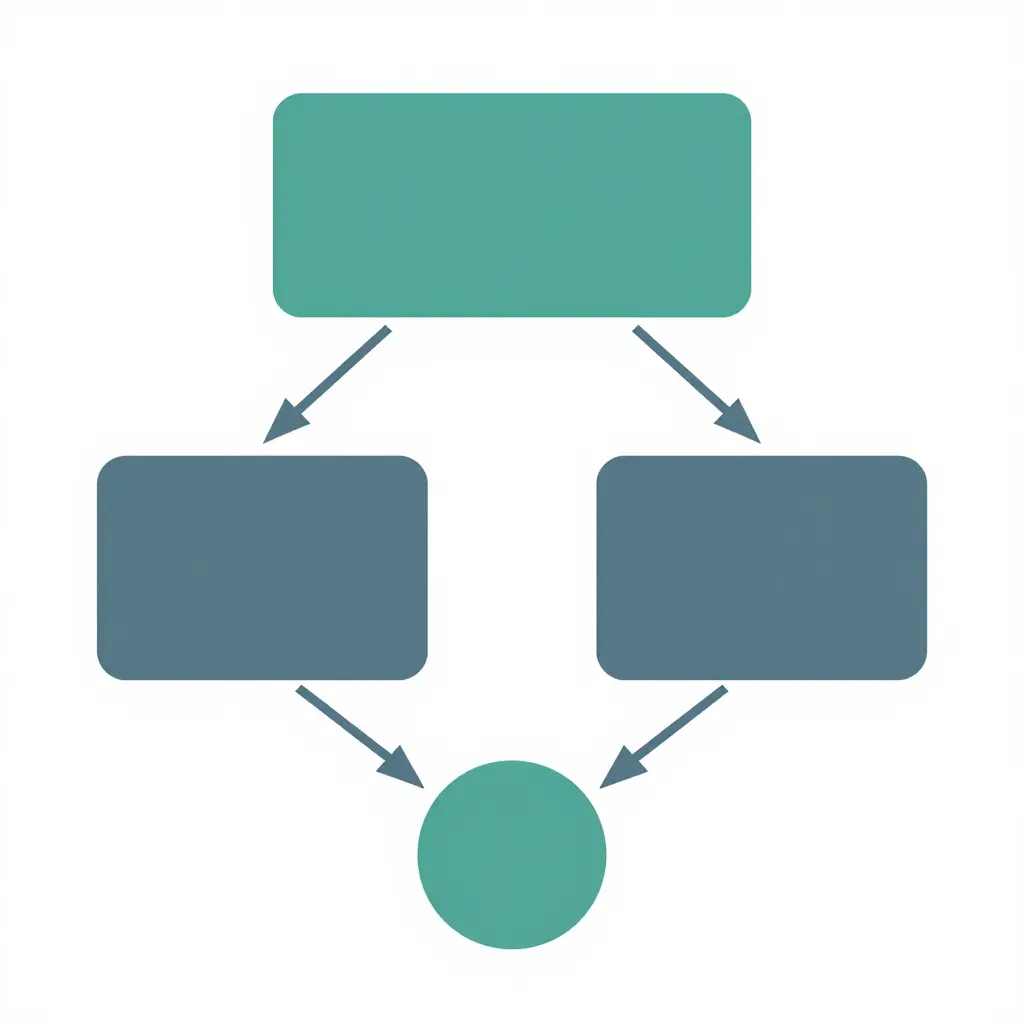 Minimalist flat 2D schematic showing one consolidated inventory core feeding two symmetric distribution branches that converge into a shared support and returns function