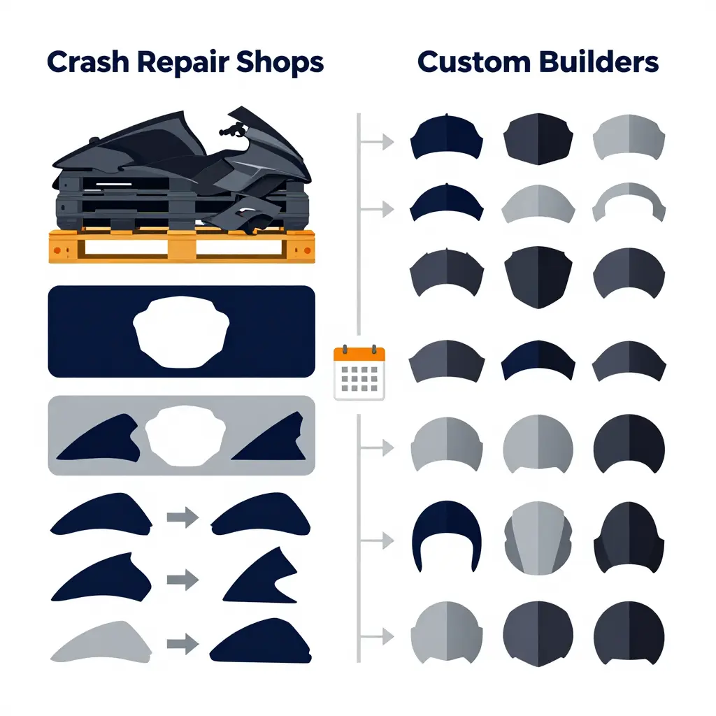 Side-by-side comparison of crash repair shop depth-based ordering and custom builder breadth-based ordering in the motorcycle fairing supply chain
